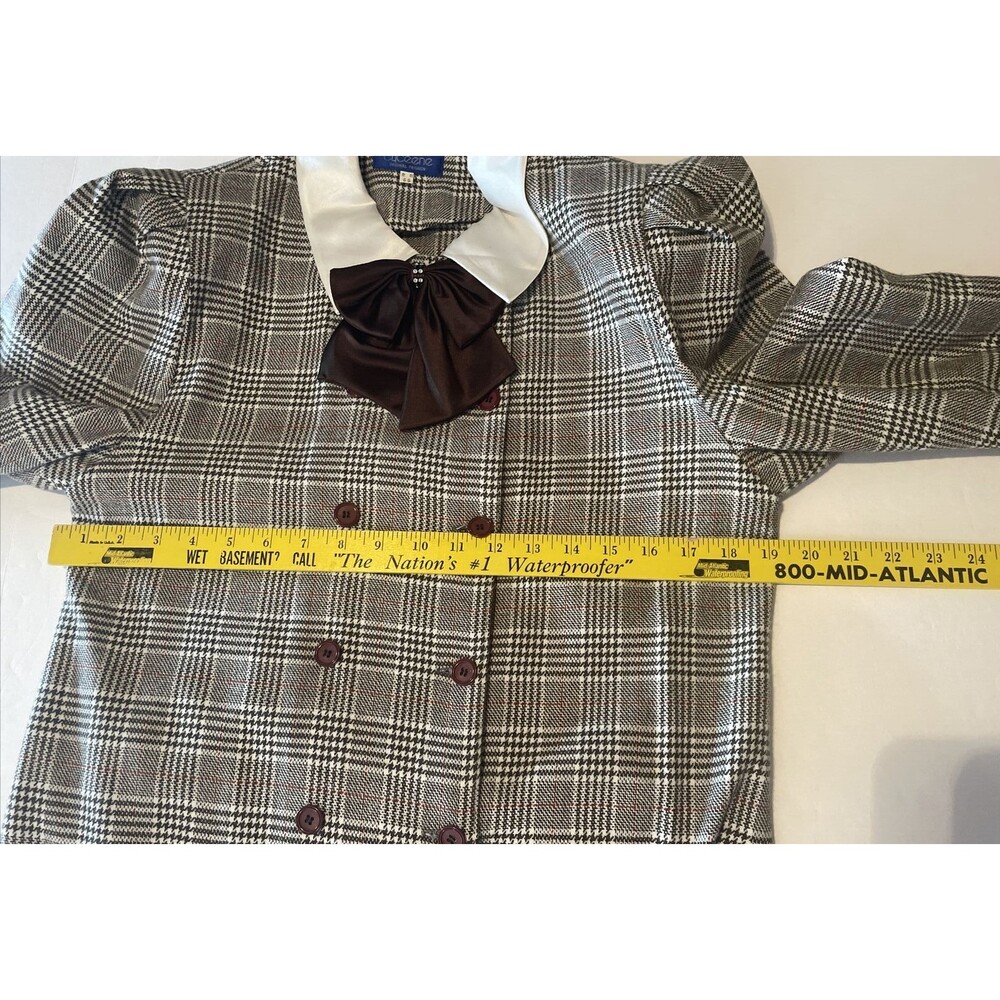 Vintage 80s  Plaid Dress Double Breasted Big Bow Contrast Collar C-38.5" Midi - Picture 16 of 16